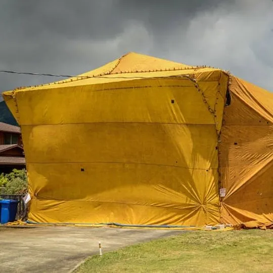 a house inside a pest control tent