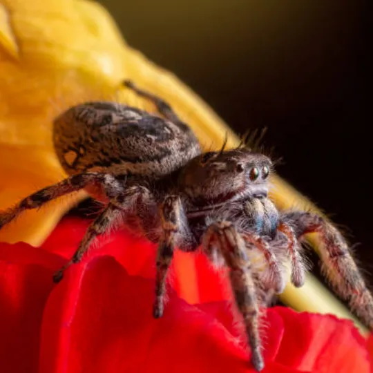 close up of jumping spider on yellow and red surface