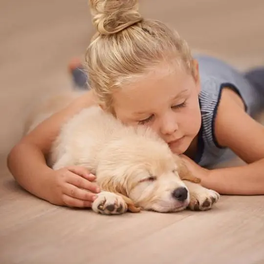 human child sleeping on the wooden floor beside a puppy