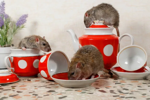rat on top of tea cups and saucer