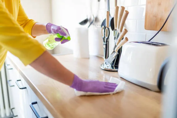 person with pair of gloves wiping countertop with a paper towel