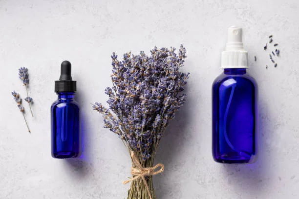 lavender oil in cobalt blue bottles
