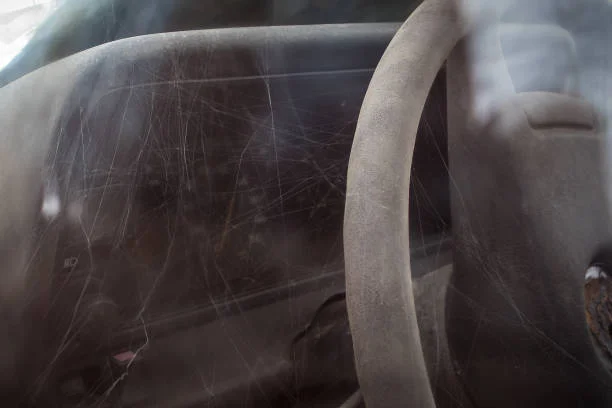 cob web inside car interior, spider in car