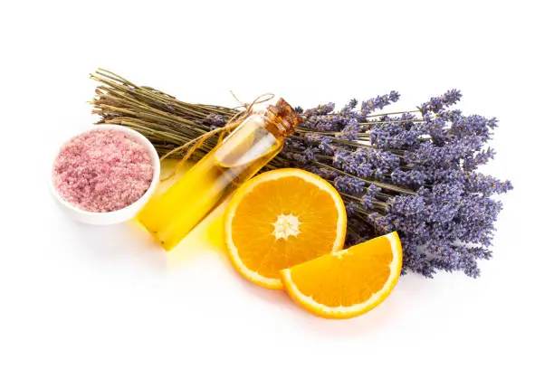 lavender, citrus oil, essential oil in bottle