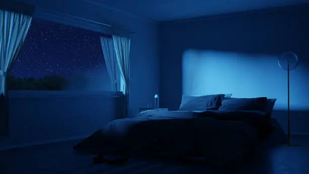 bedroom with cozy low bed at night, dim