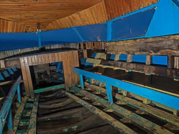 Interior of a dilapidated fishing boat